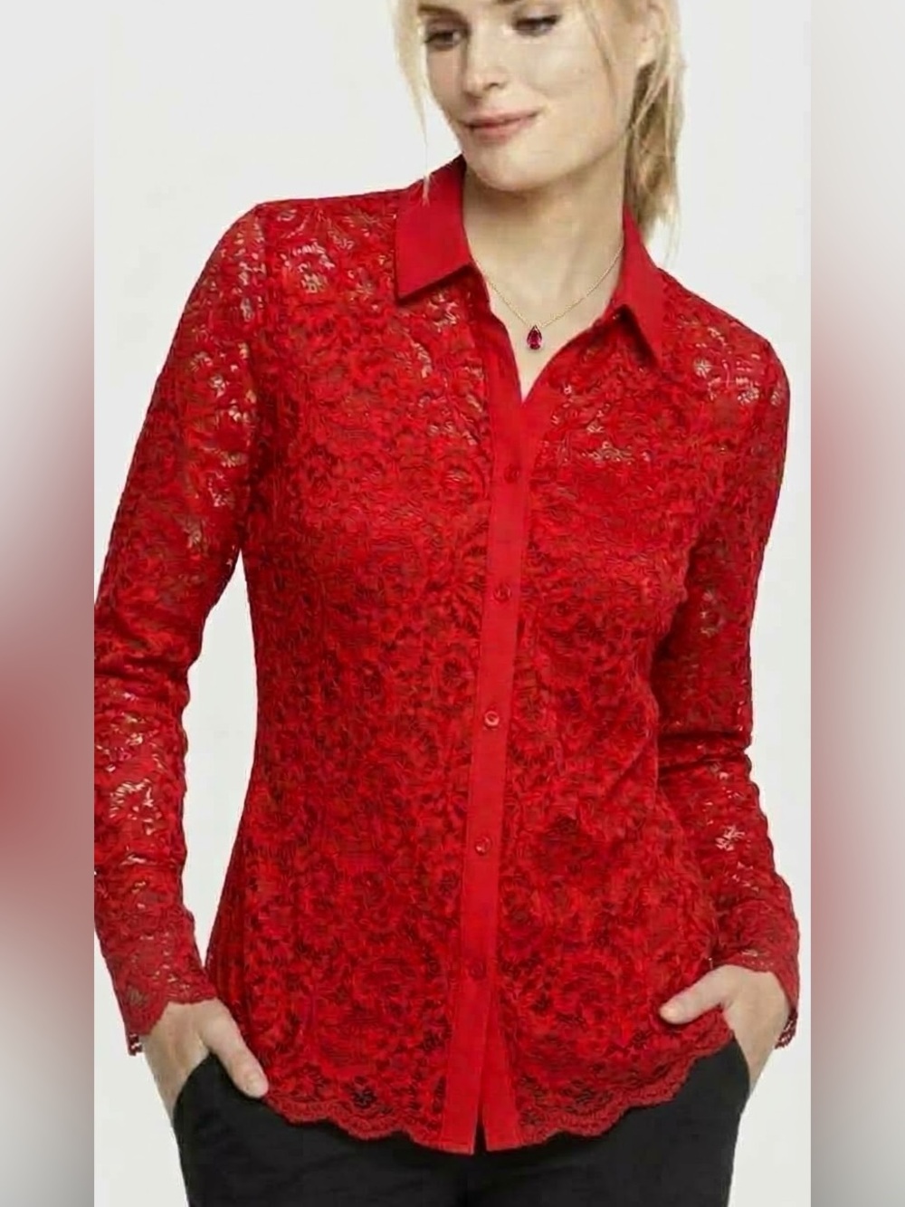Express Red Lace Button-Down Shirt